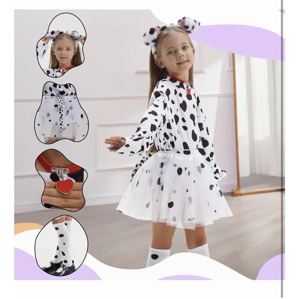101 Dalmatian Costume For Kids Girls Shirt Outfit Ears Headband Socks S (5-7 Yrs